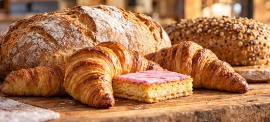 Vers brood, croissants en een roze koek op een houten plank